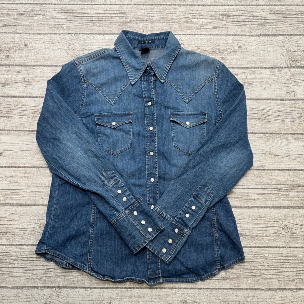 GAP Western Shirt Women's Large Blue Denim Stretch Pearl Snap Long Sleeve Cotton